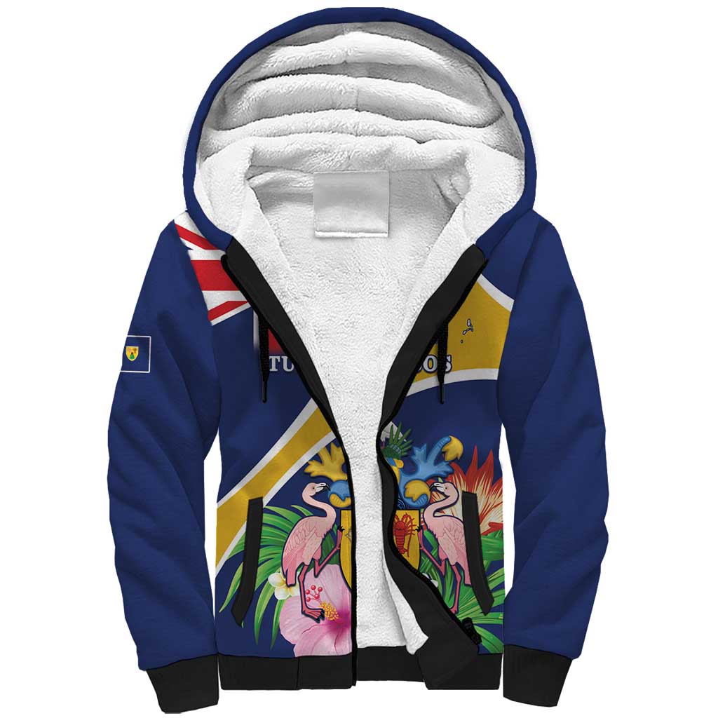 Personalised Turks And Caicos Islands Sherpa Hoodie Coat Of Arms Tropical Flower - Wonder Print Shop