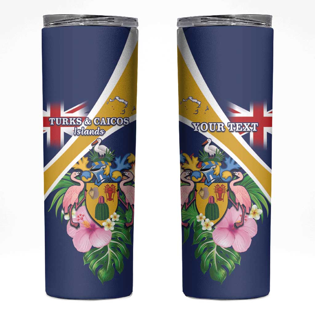 Personalised Turks And Caicos Islands Skinny Tumbler Coat Of Arms Tropical Flower - Wonder Print Shop