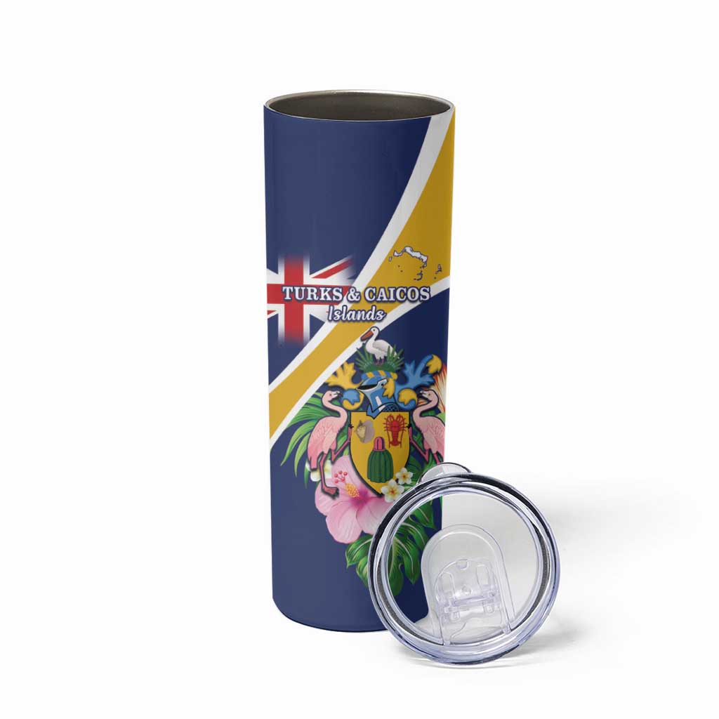 Personalised Turks And Caicos Islands Skinny Tumbler Coat Of Arms Tropical Flower - Wonder Print Shop