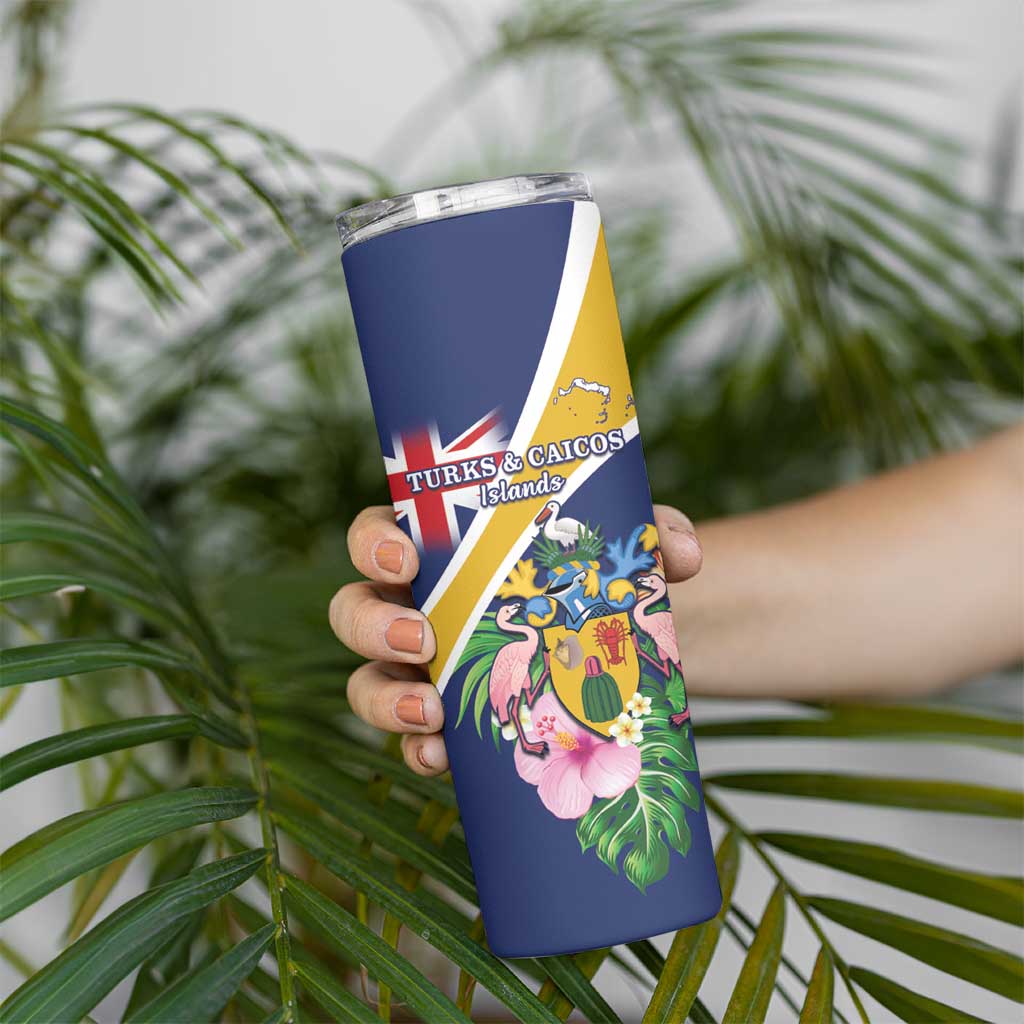 Personalised Turks And Caicos Islands Skinny Tumbler Coat Of Arms Tropical Flower - Wonder Print Shop