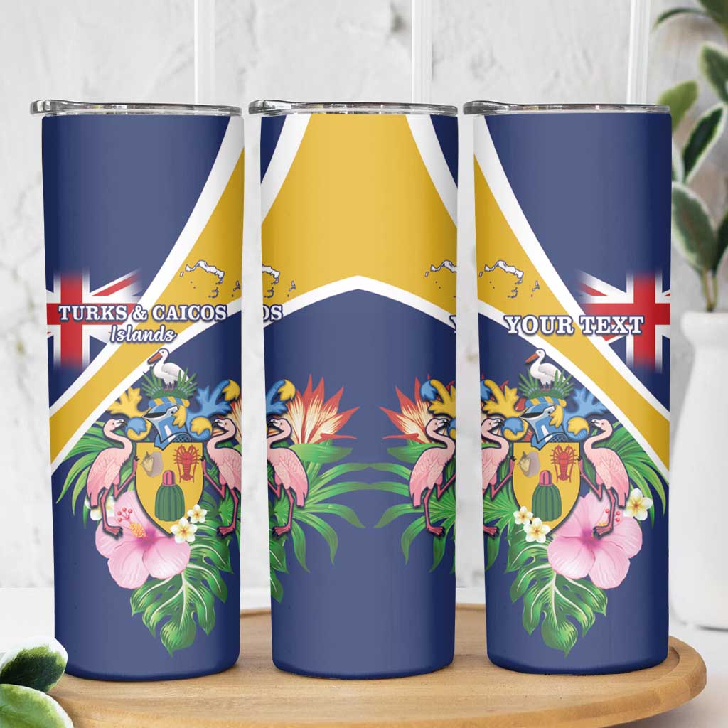 Personalised Turks And Caicos Islands Skinny Tumbler Coat Of Arms Tropical Flower - Wonder Print Shop