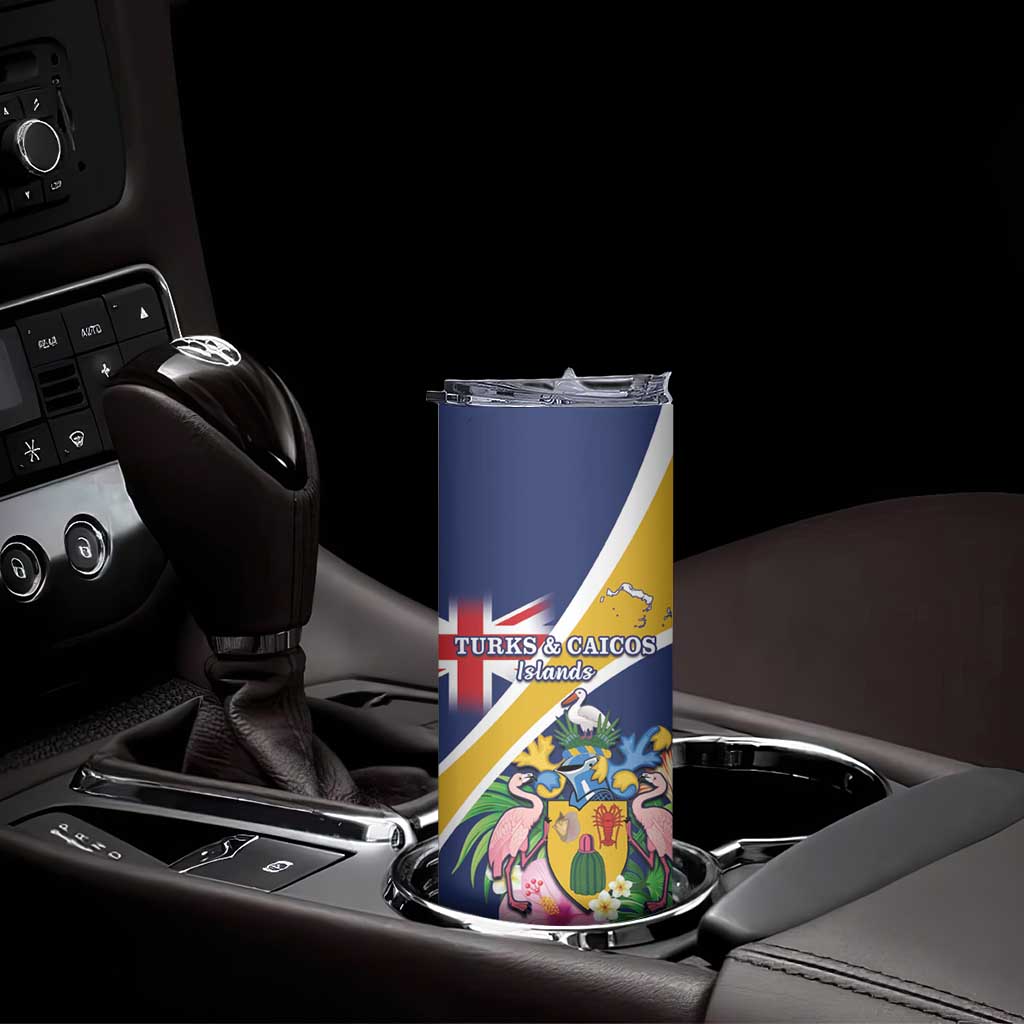 Personalised Turks And Caicos Islands Skinny Tumbler Coat Of Arms Tropical Flower - Wonder Print Shop