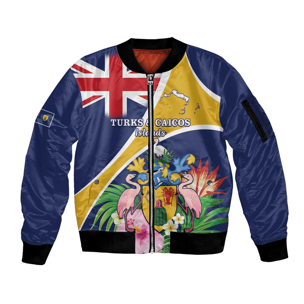 Personalised Turks And Caicos Islands Sleeve Zip Bomber Jacket Coat Of Arms Tropical Flower - Wonder Print Shop