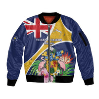 Personalised Turks And Caicos Islands Sleeve Zip Bomber Jacket Coat Of Arms Tropical Flower - Wonder Print Shop