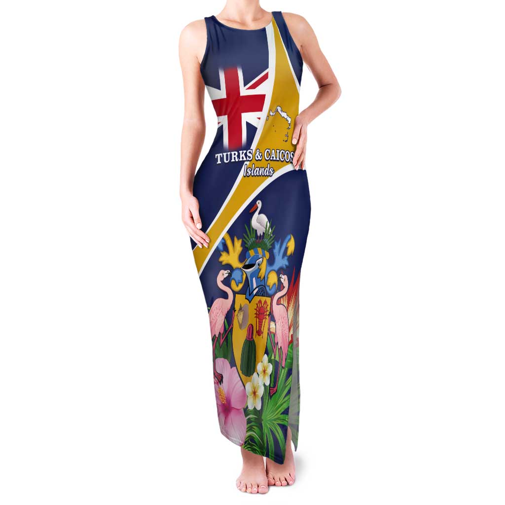 Personalised Turks And Caicos Islands Tank Maxi Dress Coat Of Arms Tropical Flower - Wonder Print Shop