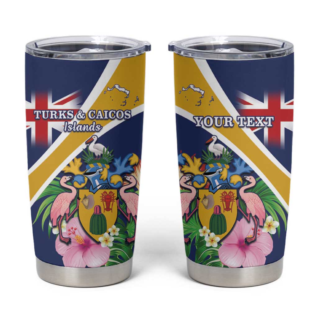 Personalised Turks And Caicos Islands Tumbler Cup Coat Of Arms Tropical Flower - Wonder Print Shop