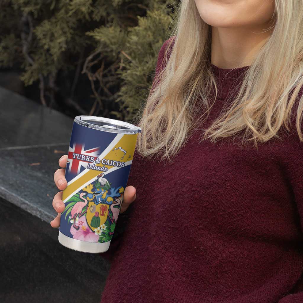 Personalised Turks And Caicos Islands Tumbler Cup Coat Of Arms Tropical Flower - Wonder Print Shop