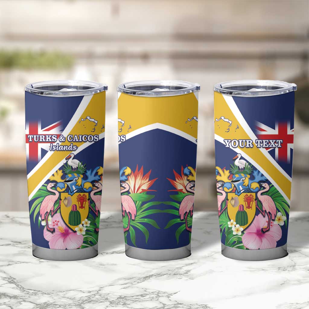 Personalised Turks And Caicos Islands Tumbler Cup Coat Of Arms Tropical Flower - Wonder Print Shop