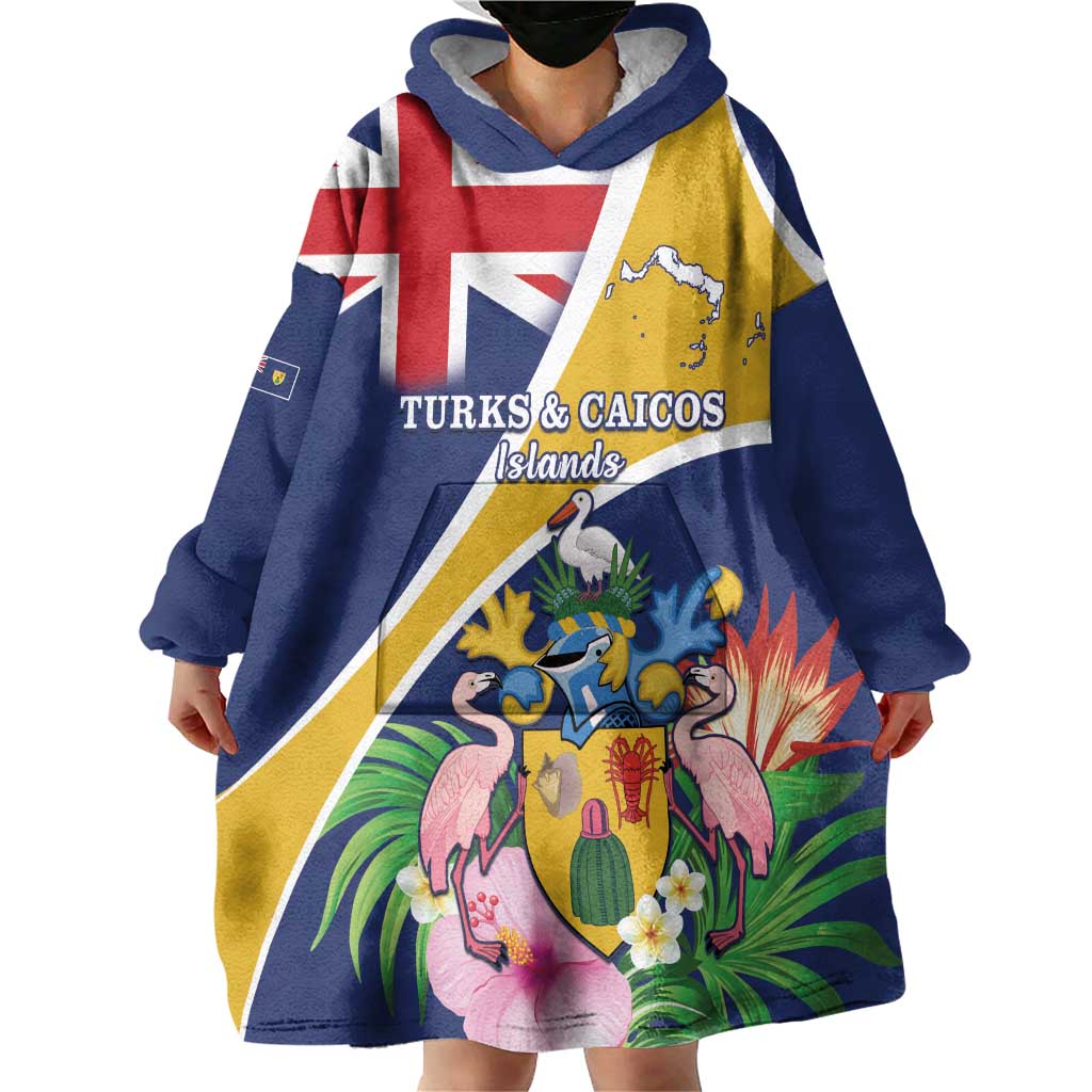 Personalised Turks And Caicos Islands Wearable Blanket Hoodie Coat Of Arms Tropical Flower - Wonder Print Shop