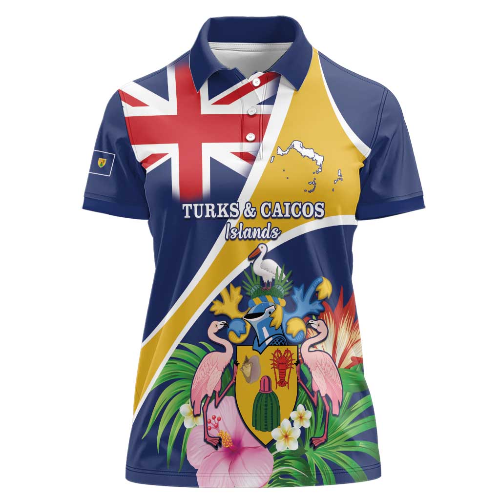Personalised Turks And Caicos Islands Women Polo Shirt Coat Of Arms Tropical Flower - Wonder Print Shop