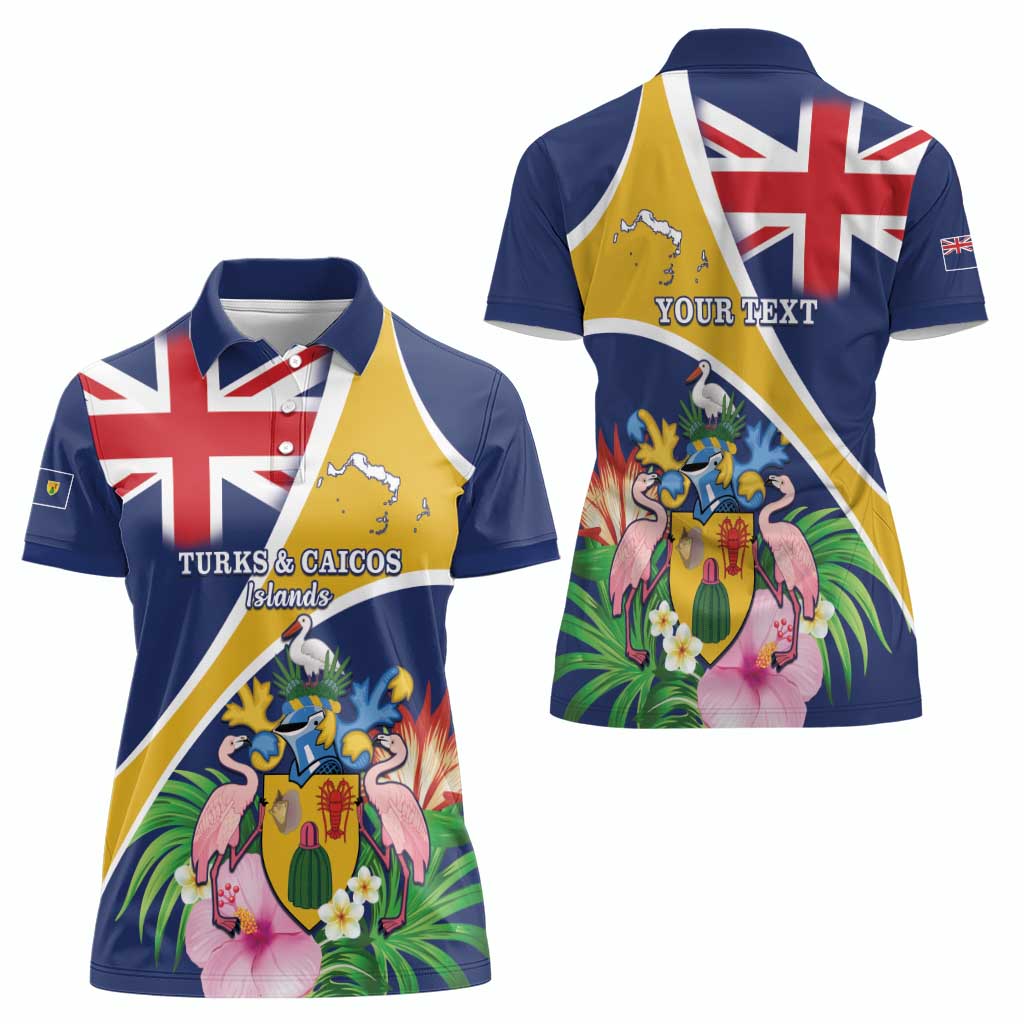 Personalised Turks And Caicos Islands Women Polo Shirt Coat Of Arms Tropical Flower - Wonder Print Shop