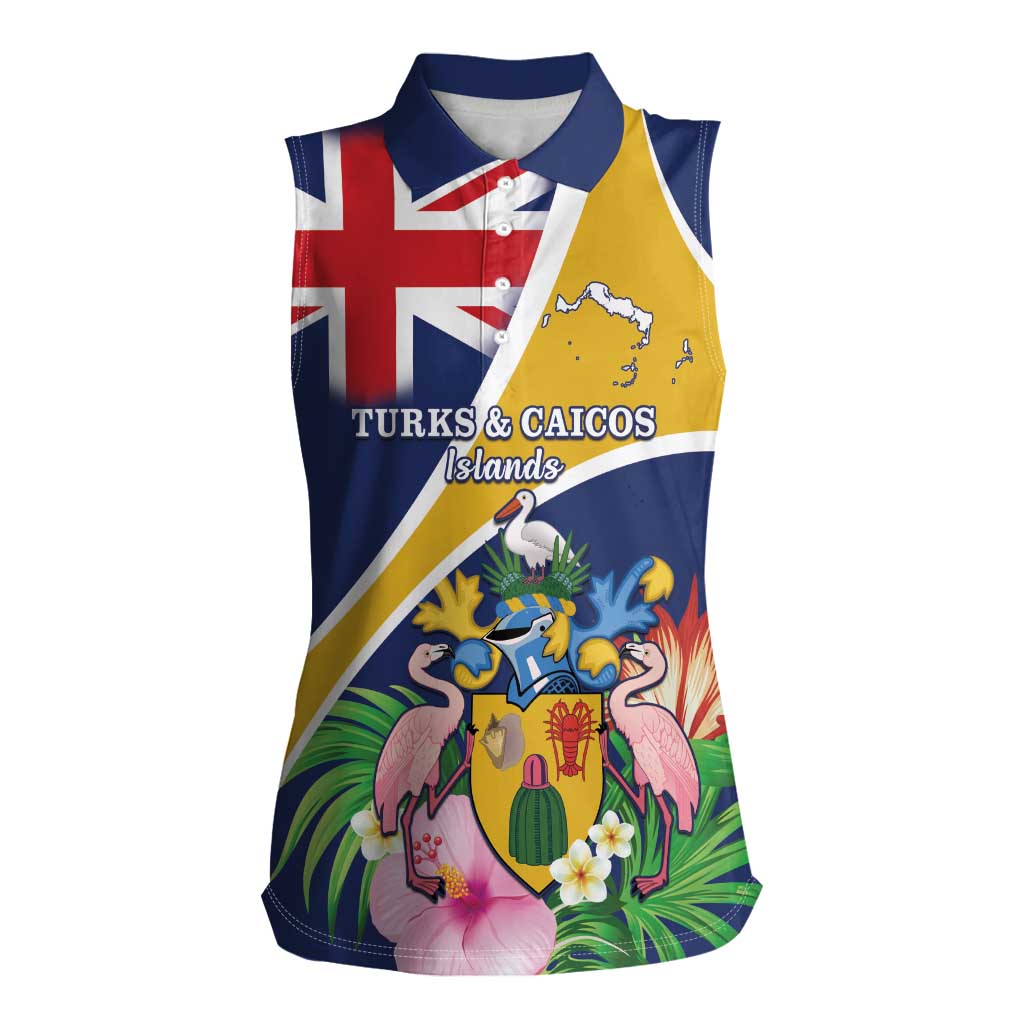 Personalised Turks And Caicos Islands Women Sleeveless Polo Shirt Coat Of Arms Tropical Flower - Wonder Print Shop