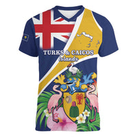 Personalised Turks And Caicos Islands Women V-Neck T-Shirt Coat Of Arms Tropical Flower - Wonder Print Shop