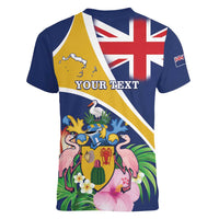 Personalised Turks And Caicos Islands Women V-Neck T-Shirt Coat Of Arms Tropical Flower - Wonder Print Shop