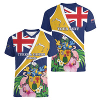 Personalised Turks And Caicos Islands Women V-Neck T-Shirt Coat Of Arms Tropical Flower - Wonder Print Shop