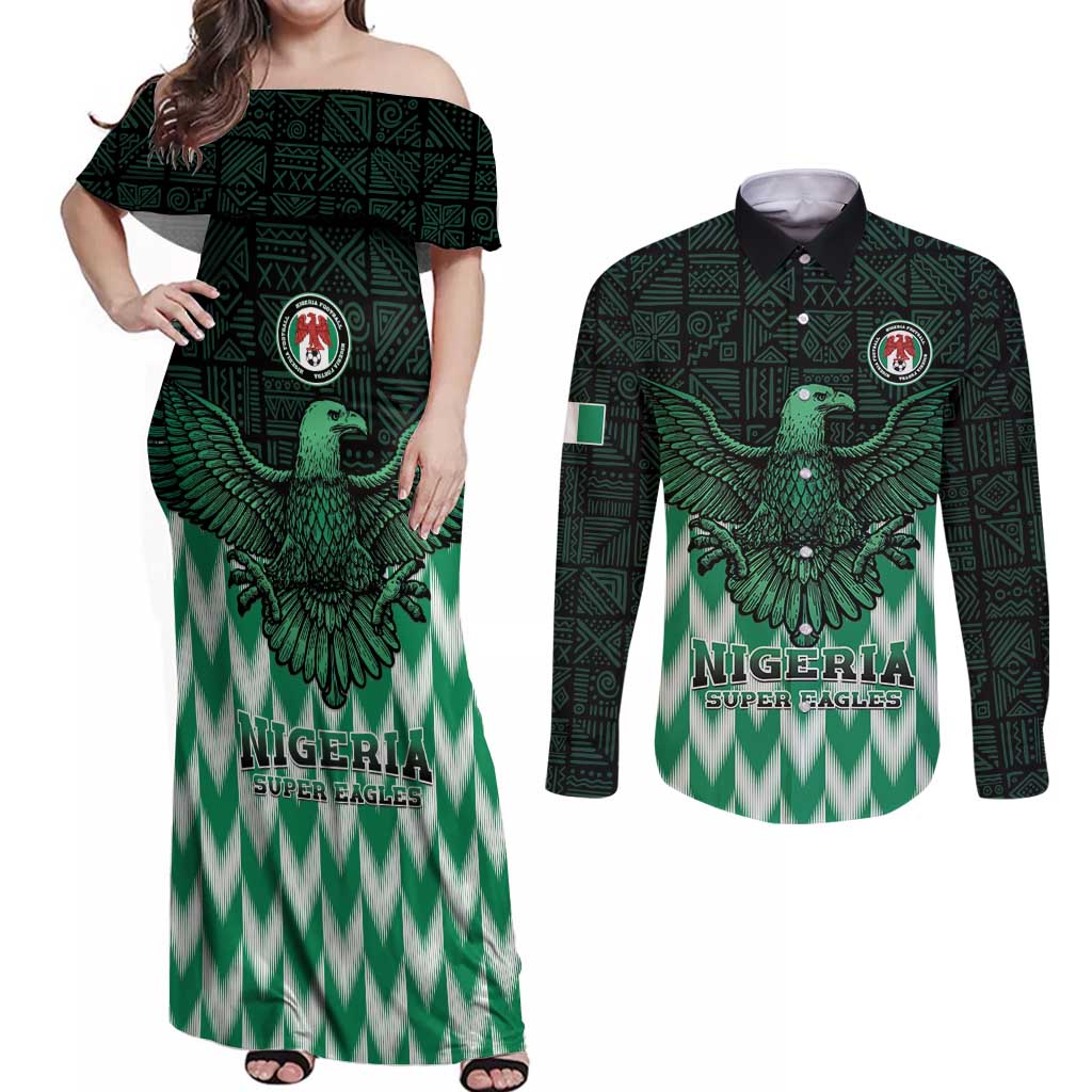 Custom Nigeria Football Couples Matching Off Shoulder Maxi Dress and Long Sleeve Button Shirt Go Super Eagles Sporty Style - Wonder Print Shop