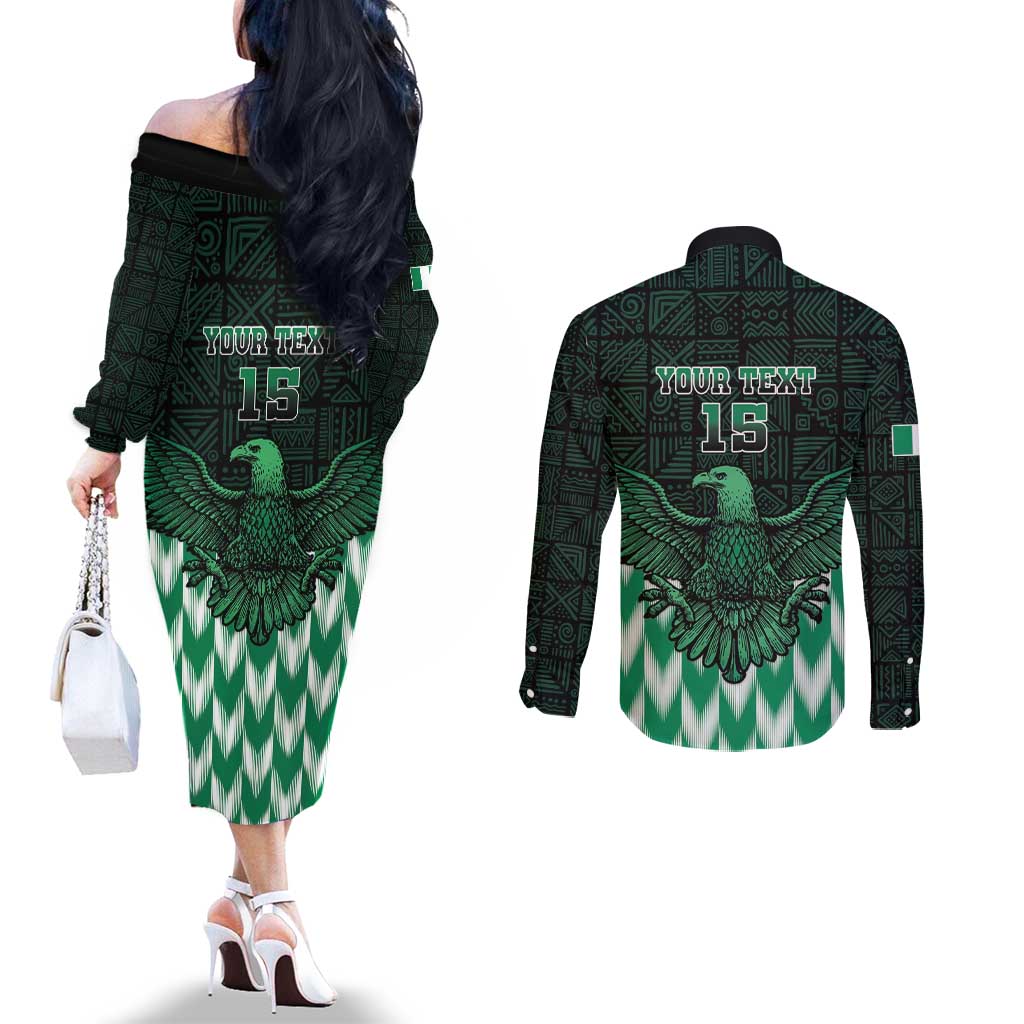 Custom Nigeria Football Couples Matching Off The Shoulder Long Sleeve Dress and Long Sleeve Button Shirt Go Super Eagles Sporty Style