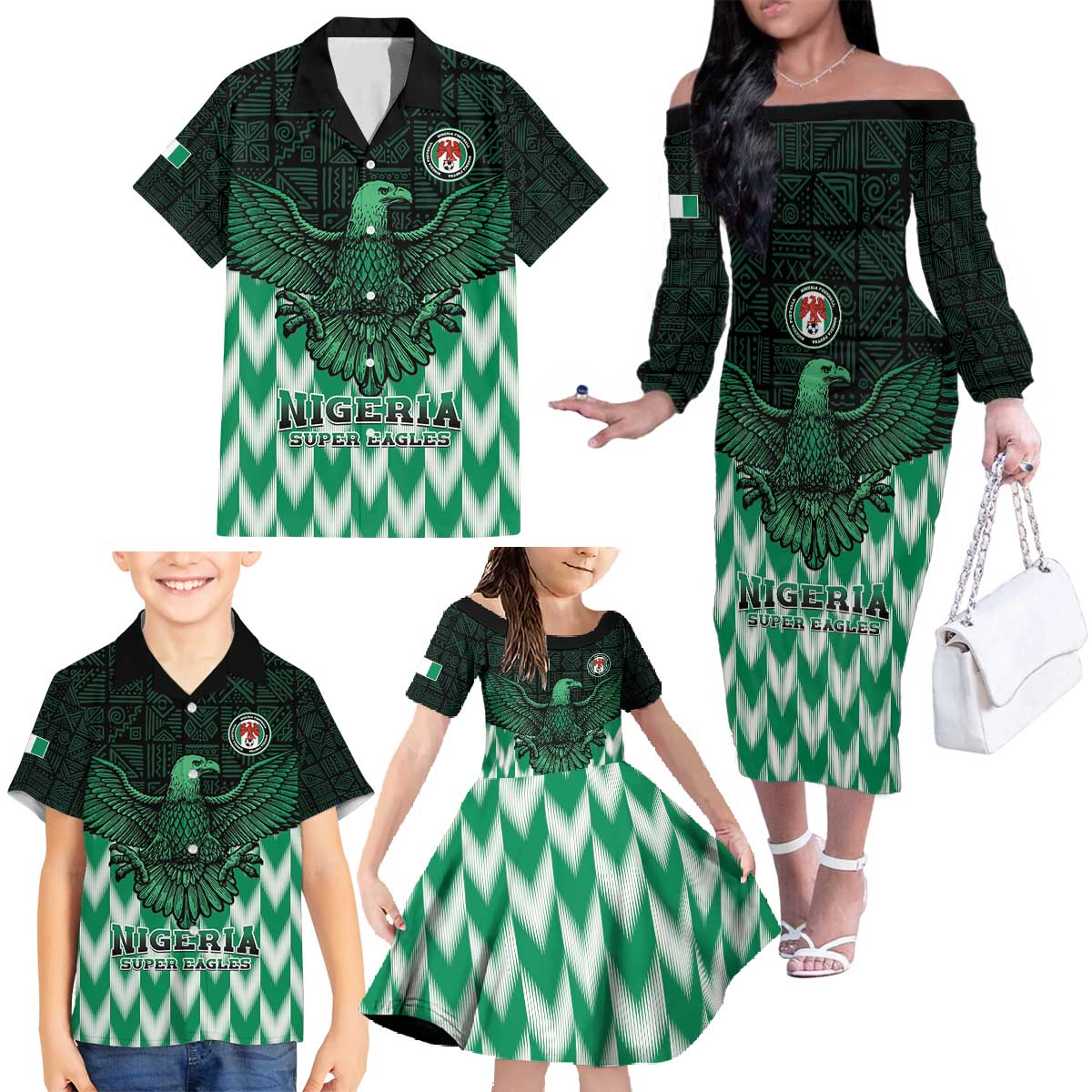 Custom Nigeria Football Family Matching Off The Shoulder Long Sleeve Dress and Hawaiian Shirt Go Super Eagles Sporty Style - Wonder Print Shop