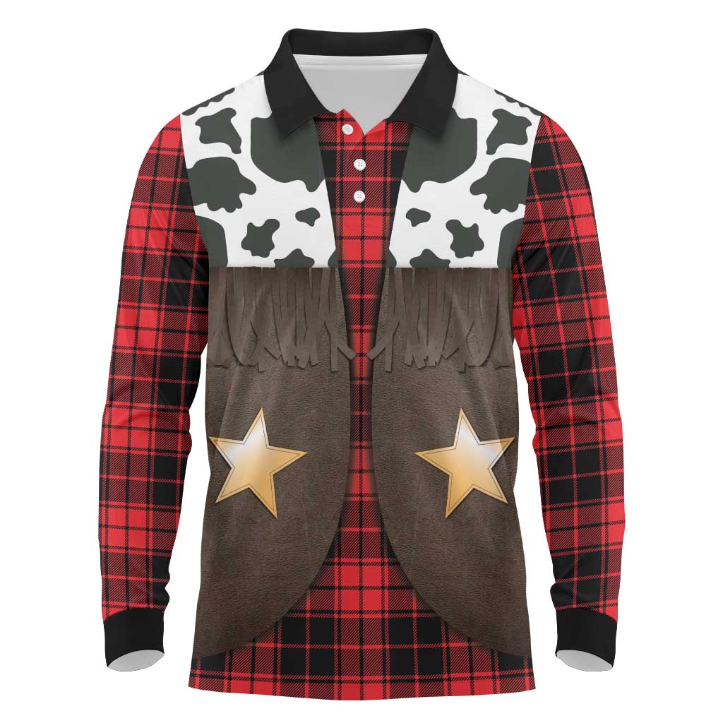 Cowboy Vest Costume Long Sleeve Polo Shirt Black Red Plaid Pattern - Wonder Print Shop