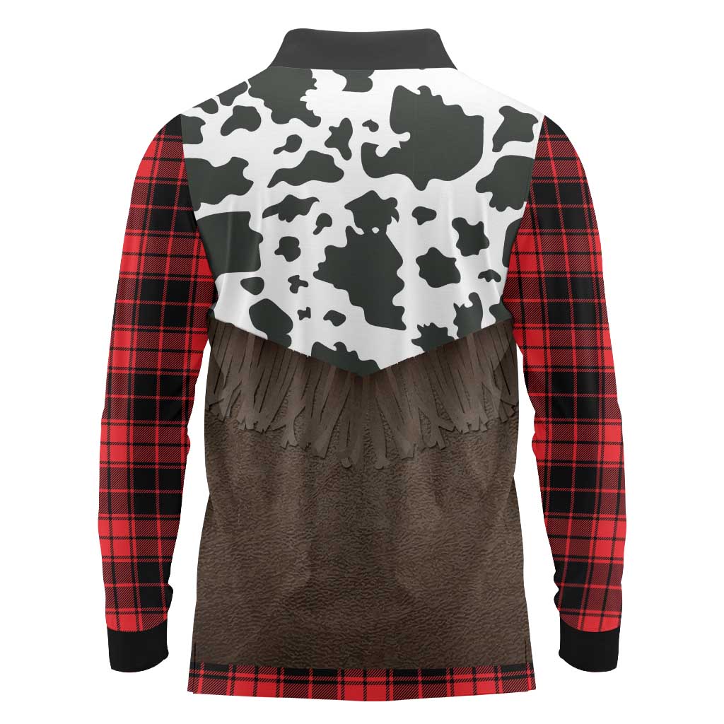 Cowboy Vest Costume Long Sleeve Polo Shirt Black Red Plaid Pattern - Wonder Print Shop