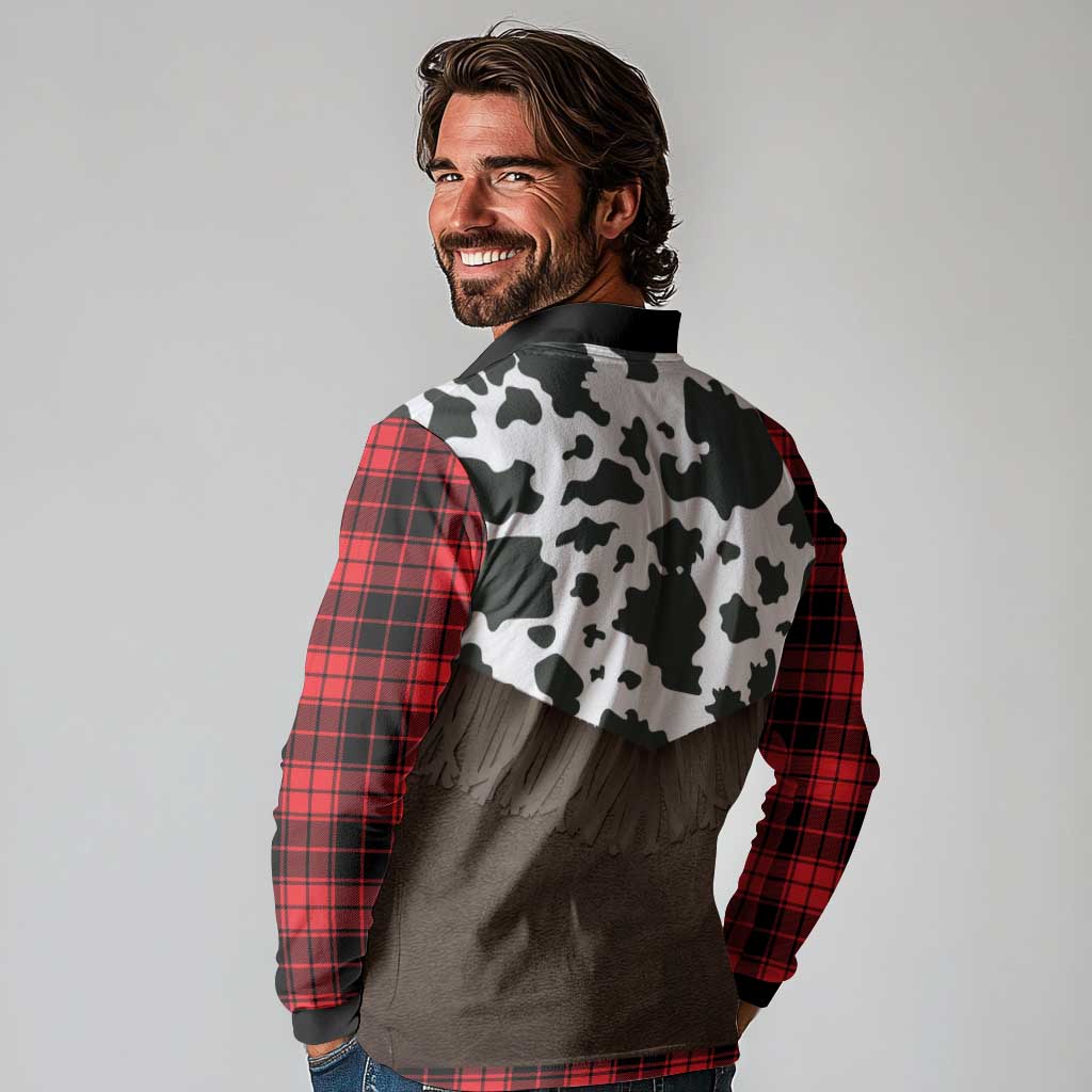 Cowboy Vest Costume Long Sleeve Polo Shirt Black Red Plaid Pattern - Wonder Print Shop