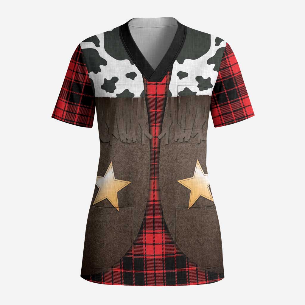 Cowboy Vest Costume Scrub Top Black Red Plaid Pattern - Wonder Print Shop