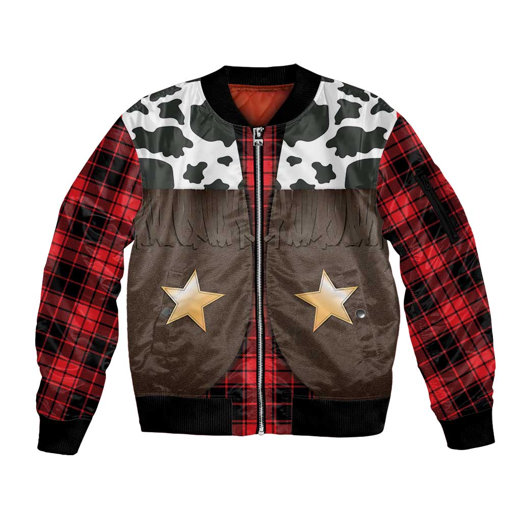 Cowboy Vest Costume Sleeve Zip Bomber Jacket Black Red Plaid Pattern - Wonder Print Shop