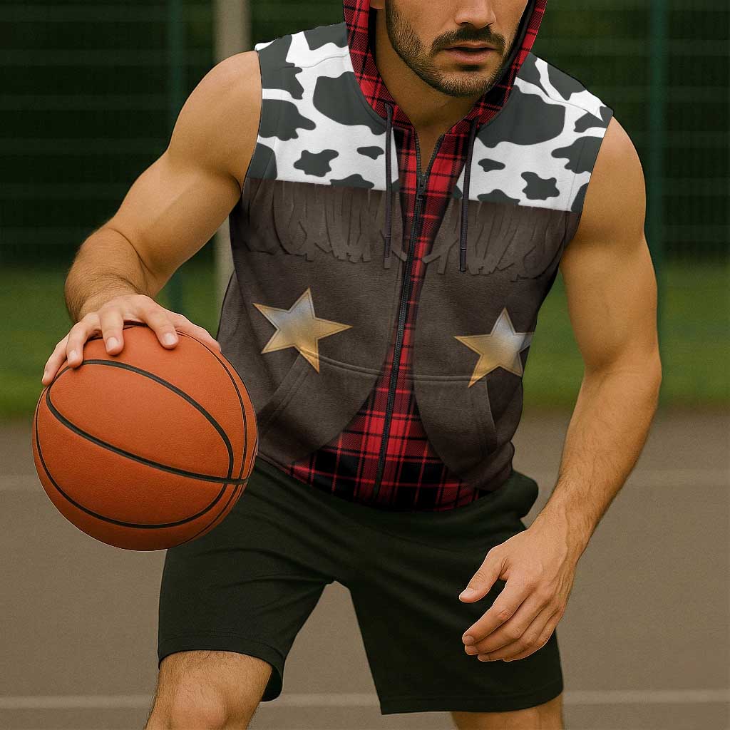 Cowboy Vest Costume Sleeveless Zip Hoodie Black Red Plaid Pattern - Wonder Print Shop