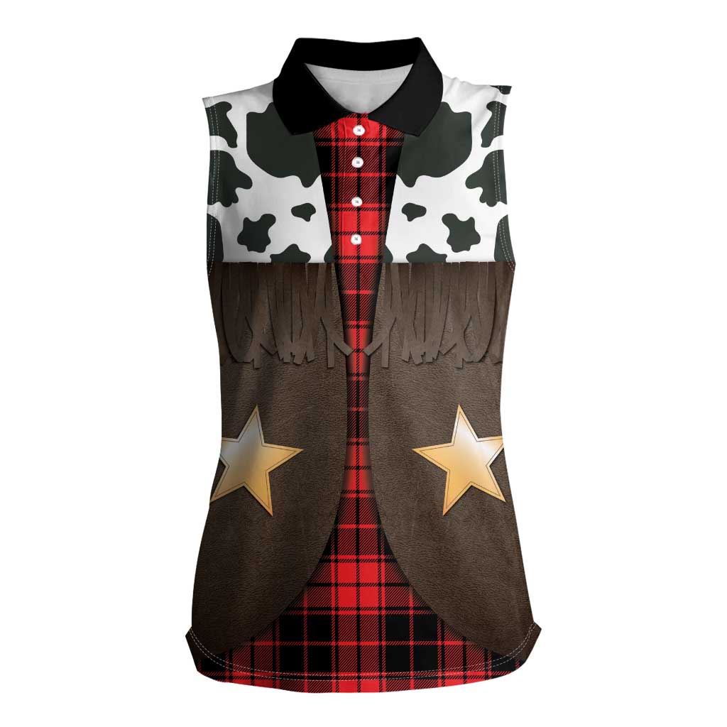 Cowboy Vest Costume Women Sleeveless Polo Shirt Black Red Plaid Pattern - Wonder Print Shop