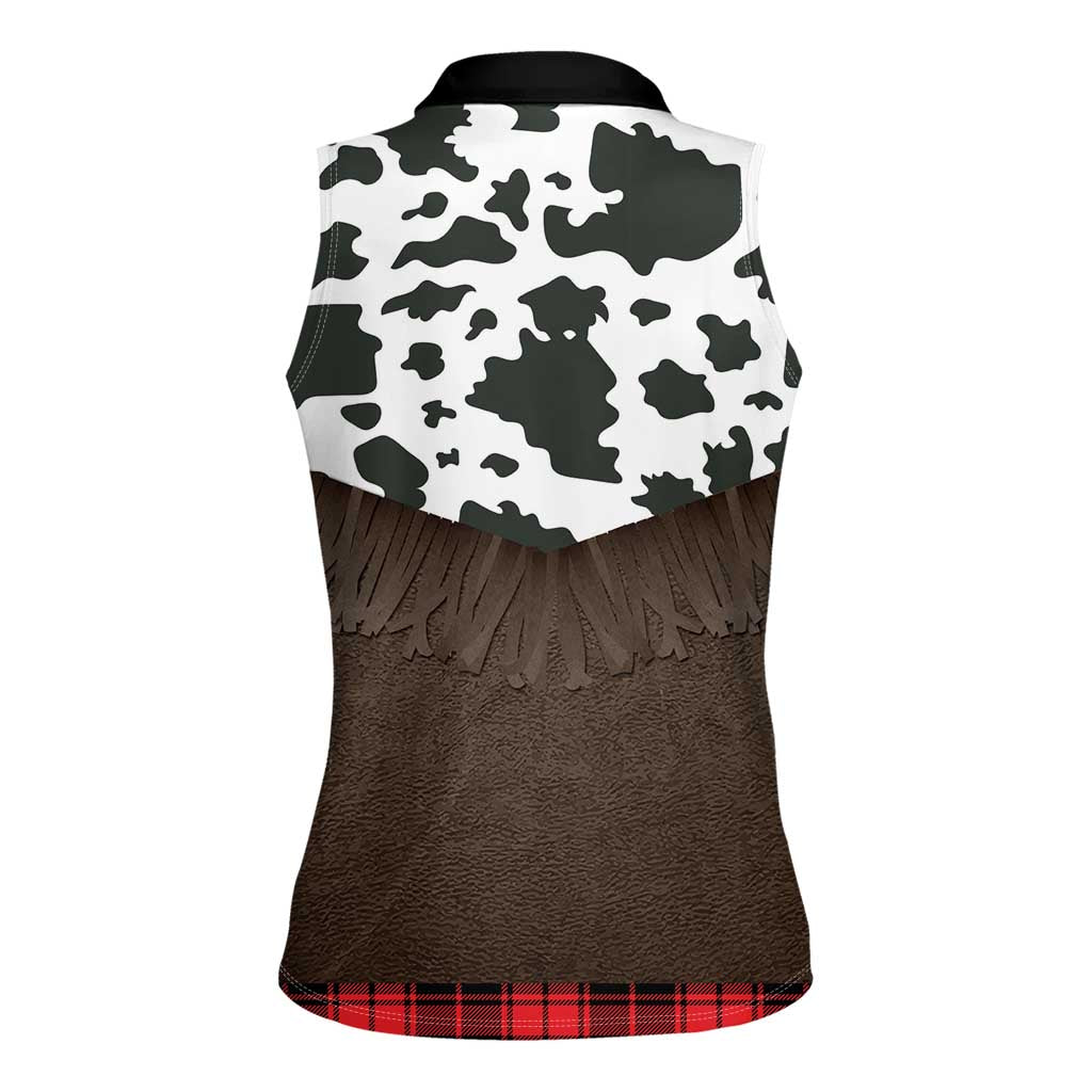 Cowboy Vest Costume Women Sleeveless Polo Shirt Black Red Plaid Pattern - Wonder Print Shop