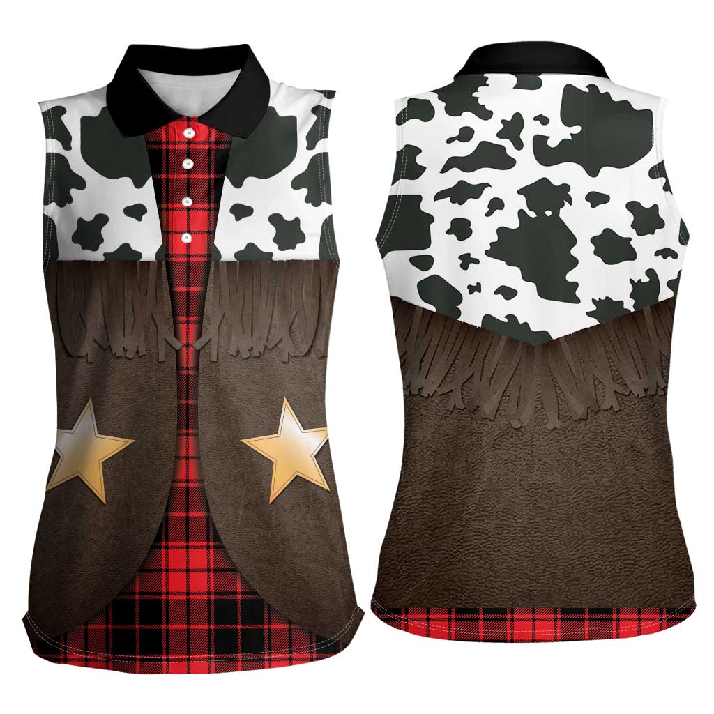 Cowboy Vest Costume Women Sleeveless Polo Shirt Black Red Plaid Pattern - Wonder Print Shop