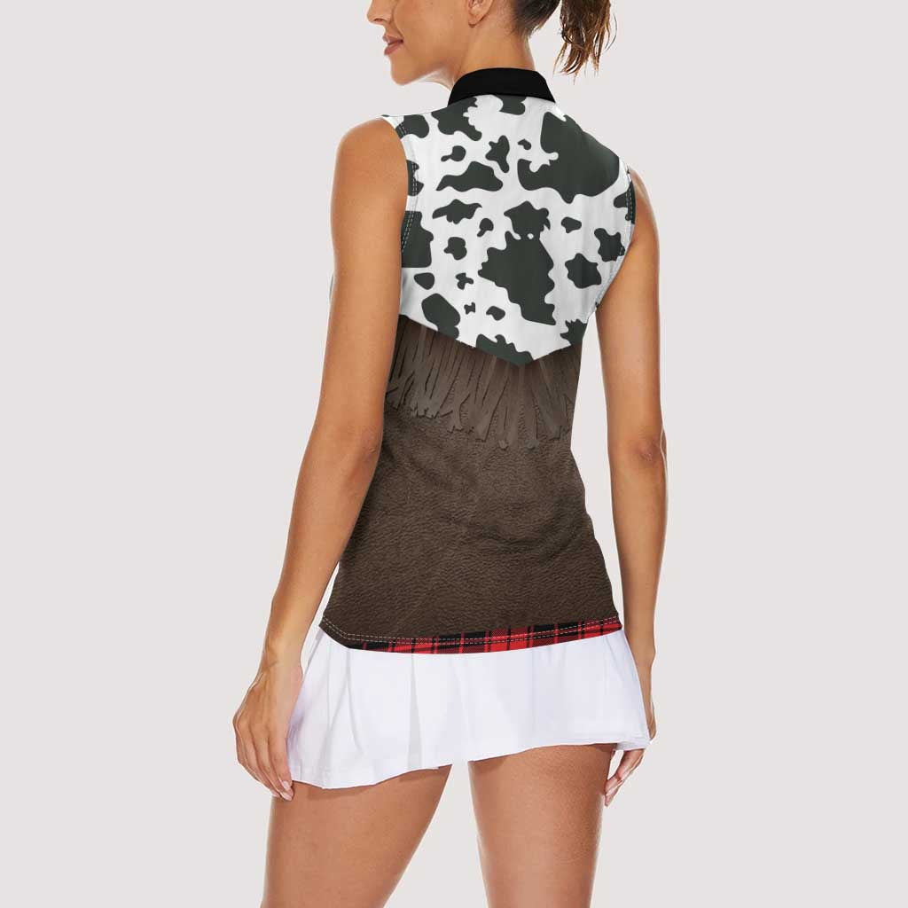 Cowboy Vest Costume Women Sleeveless Polo Shirt Black Red Plaid Pattern - Wonder Print Shop