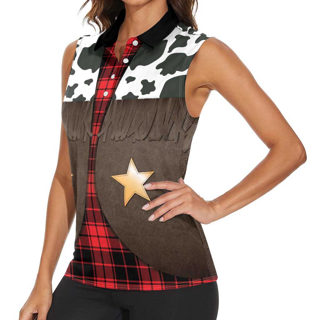 Cowboy Vest Costume Women Sleeveless Polo Shirt Black Red Plaid Pattern - Wonder Print Shop
