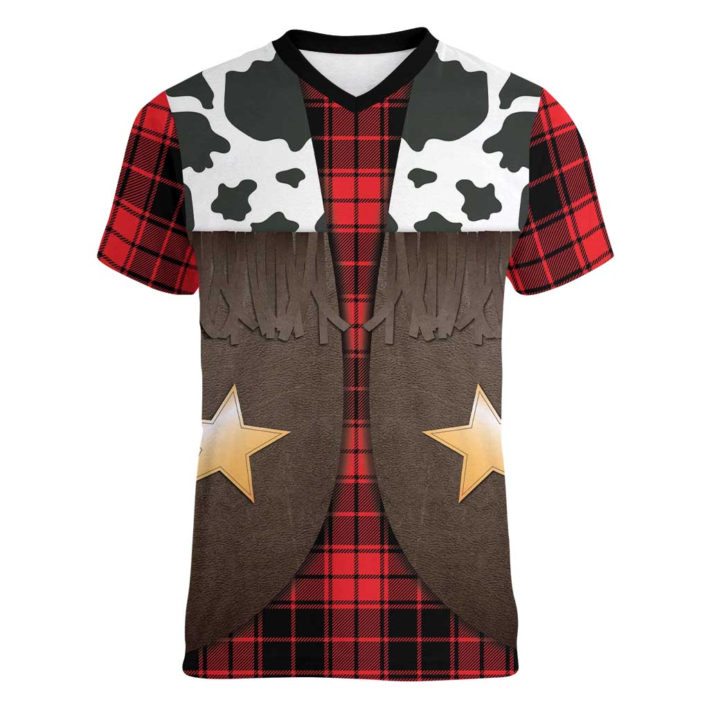 Cowboy Vest Costume Women V-Neck T-Shirt Black Red Plaid Pattern - Wonder Print Shop