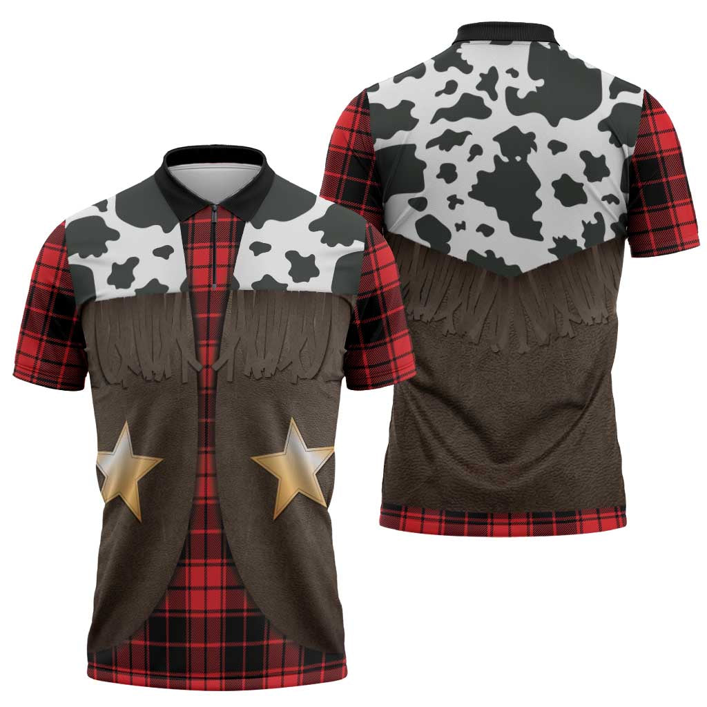 Cowboy Vest Costume Zipper Polo Shirt Black Red Plaid Pattern - Wonder Print Shop