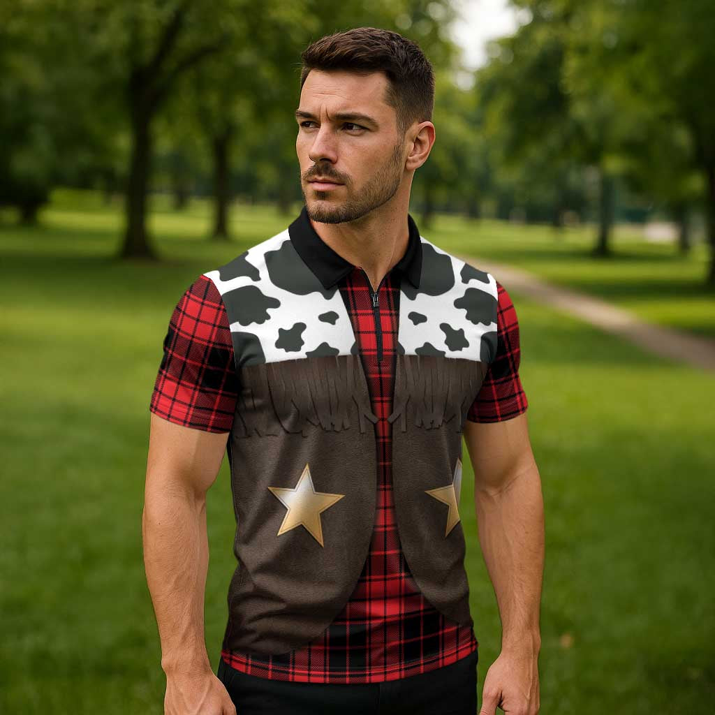 Cowboy Vest Costume Zipper Polo Shirt Black Red Plaid Pattern - Wonder Print Shop