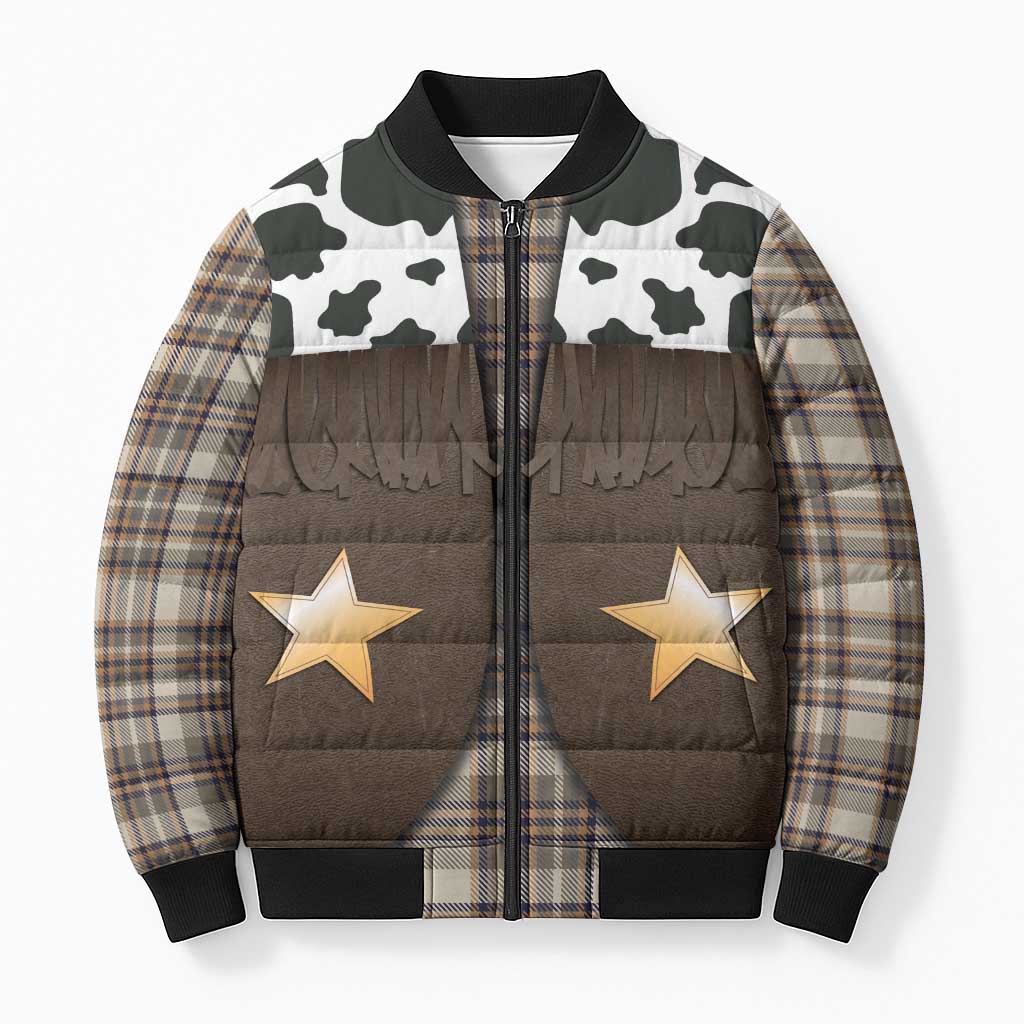 Cowboy Vest Costume Bomber Puffer Jacket Brown Beige Plaid Pattern - Wonder Print Shop