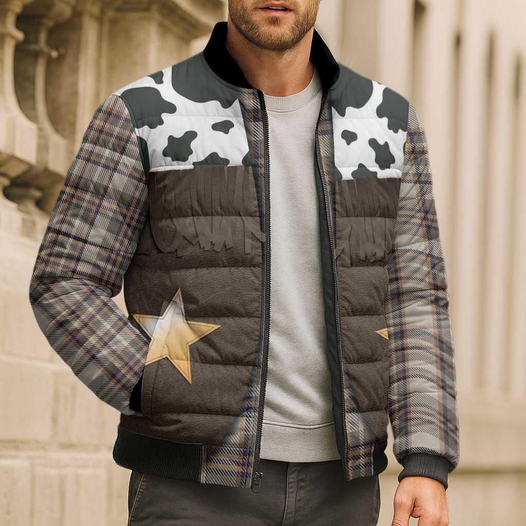 Cowboy Vest Costume Bomber Puffer Jacket Brown Beige Plaid Pattern - Wonder Print Shop