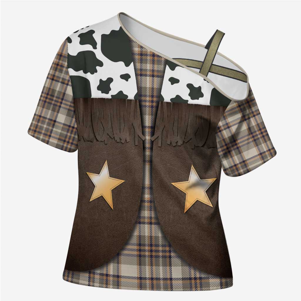 Cowboy Vest Costume Cross Shoulder Shirt Brown Beige Plaid Pattern - Wonder Print Shop