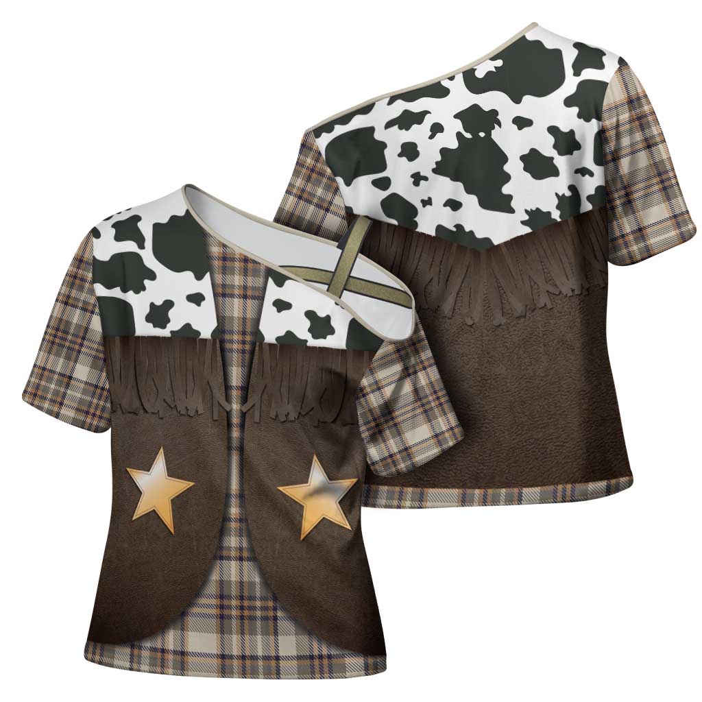 Cowboy Vest Costume Cross Shoulder Shirt Brown Beige Plaid Pattern - Wonder Print Shop