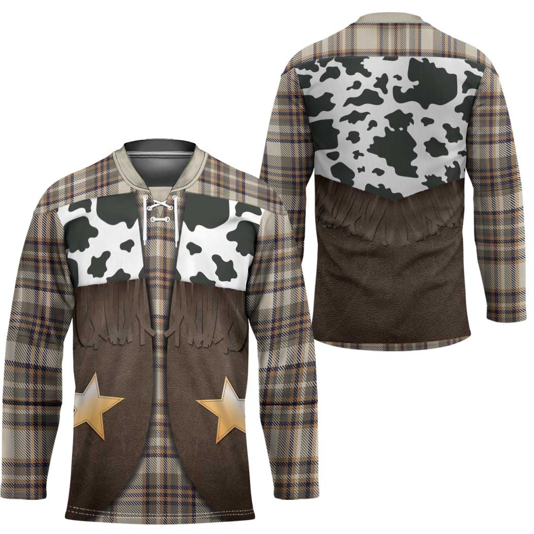 Cowboy Vest Costume Hockey Jersey Brown Beige Plaid Pattern - Wonder Print Shop