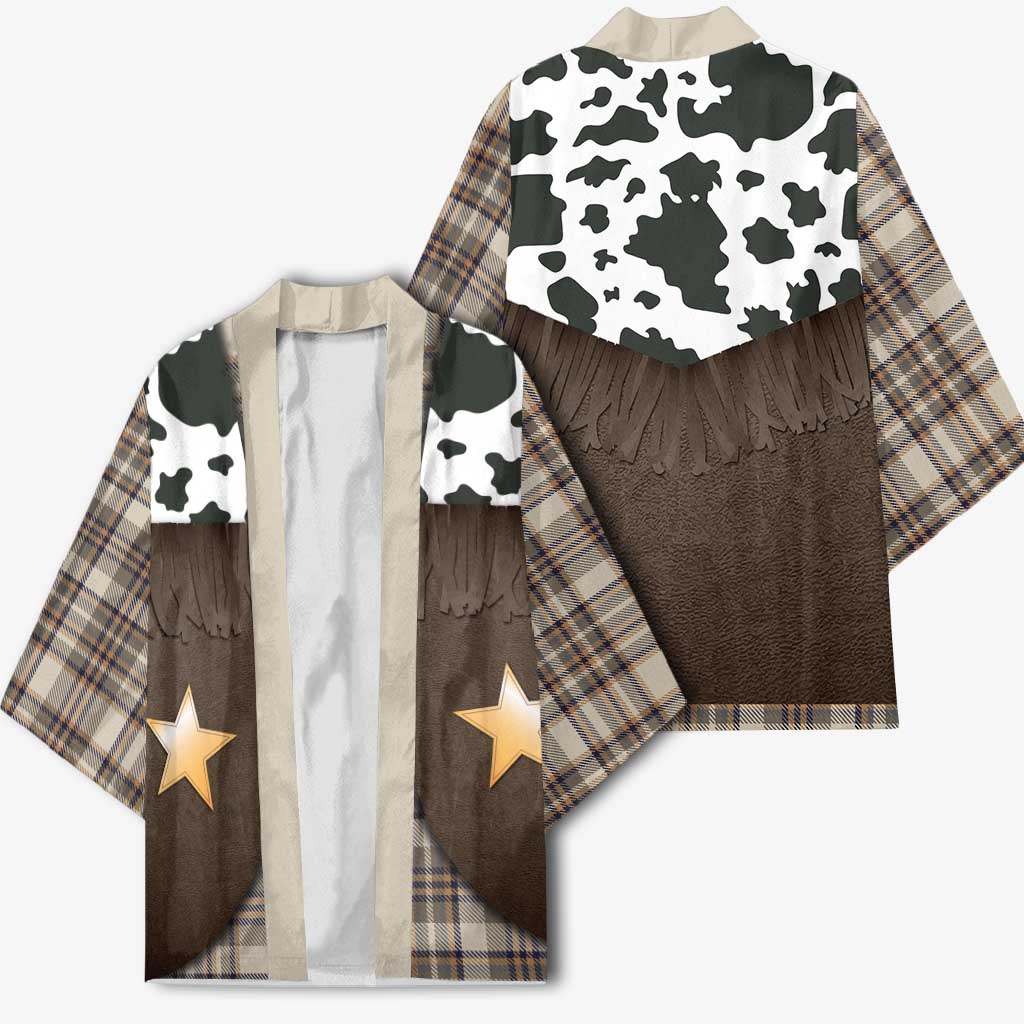 Cowboy Vest Costume Kimono Brown Beige Plaid Pattern - Wonder Print Shop
