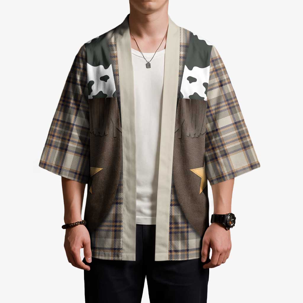 Cowboy Vest Costume Kimono Brown Beige Plaid Pattern - Wonder Print Shop