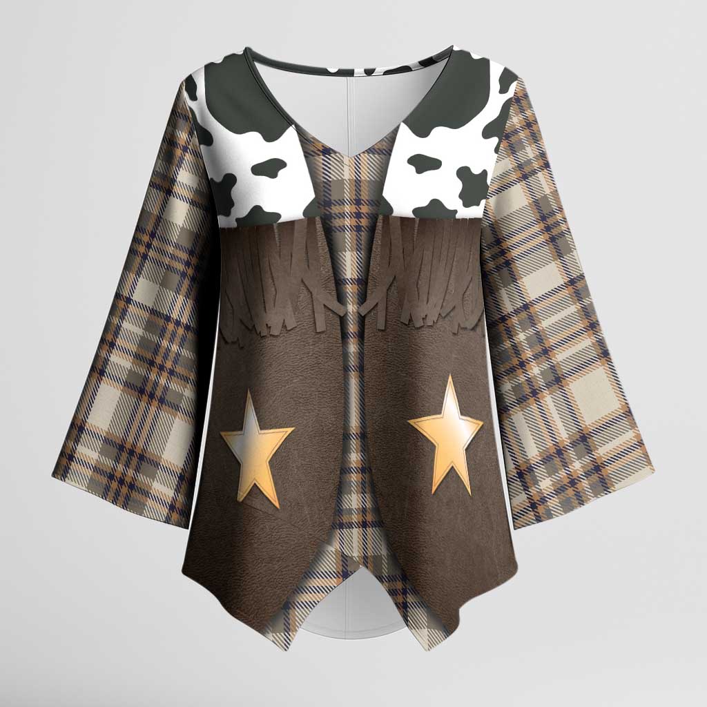 Cowboy Vest Costume Kimono Sleeve Blouse Brown Beige Plaid Pattern - Wonder Print Shop