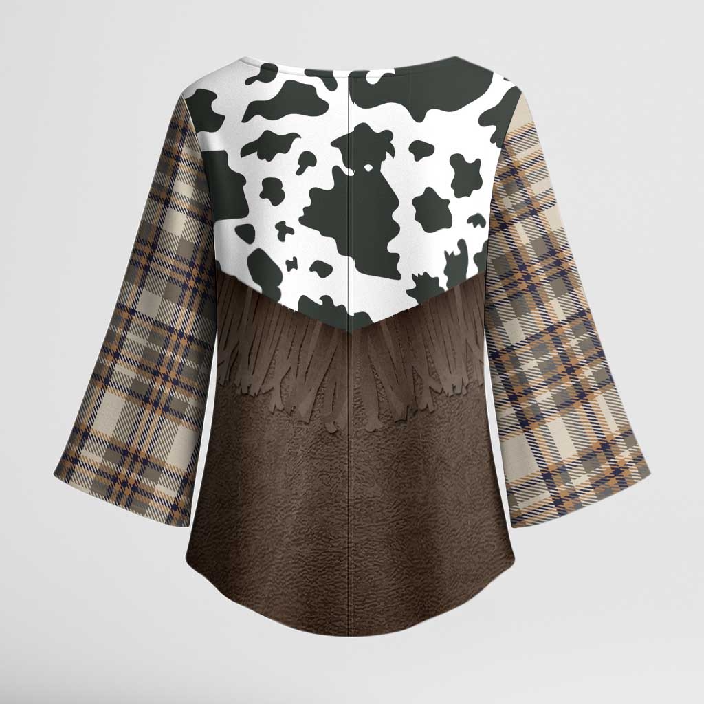 Cowboy Vest Costume Kimono Sleeve Blouse Brown Beige Plaid Pattern - Wonder Print Shop