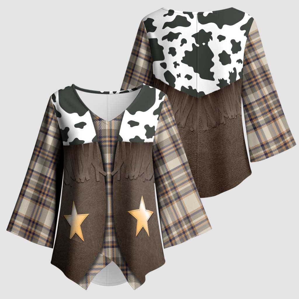 Cowboy Vest Costume Kimono Sleeve Blouse Brown Beige Plaid Pattern - Wonder Print Shop