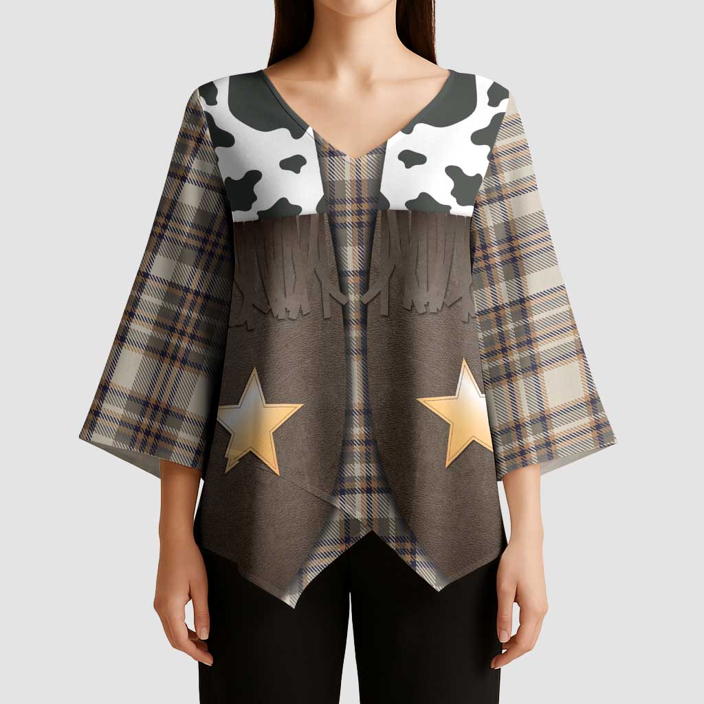 Cowboy Vest Costume Kimono Sleeve Blouse Brown Beige Plaid Pattern - Wonder Print Shop