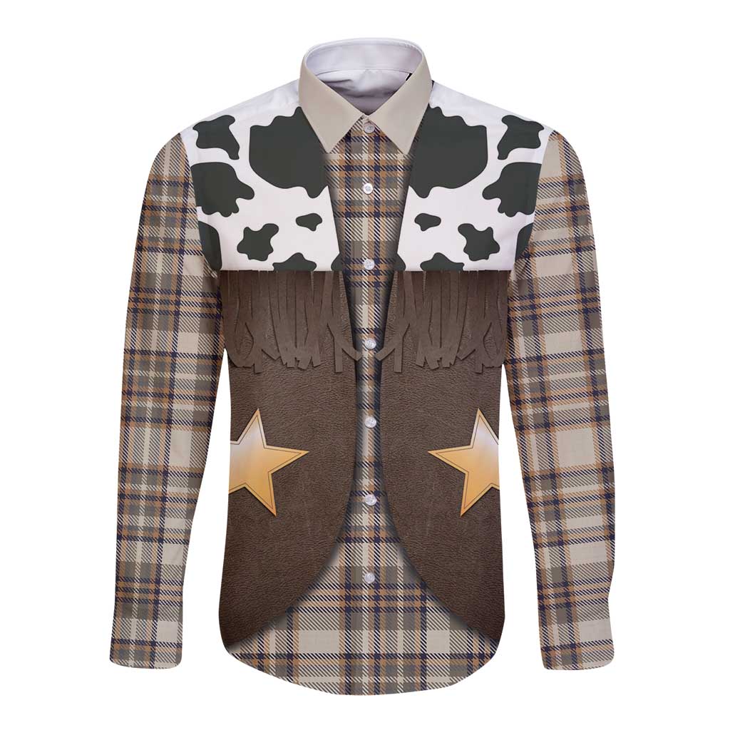 Cowboy Vest Costume Long Sleeve Button Shirt Brown Beige Plaid Pattern - Wonder Print Shop