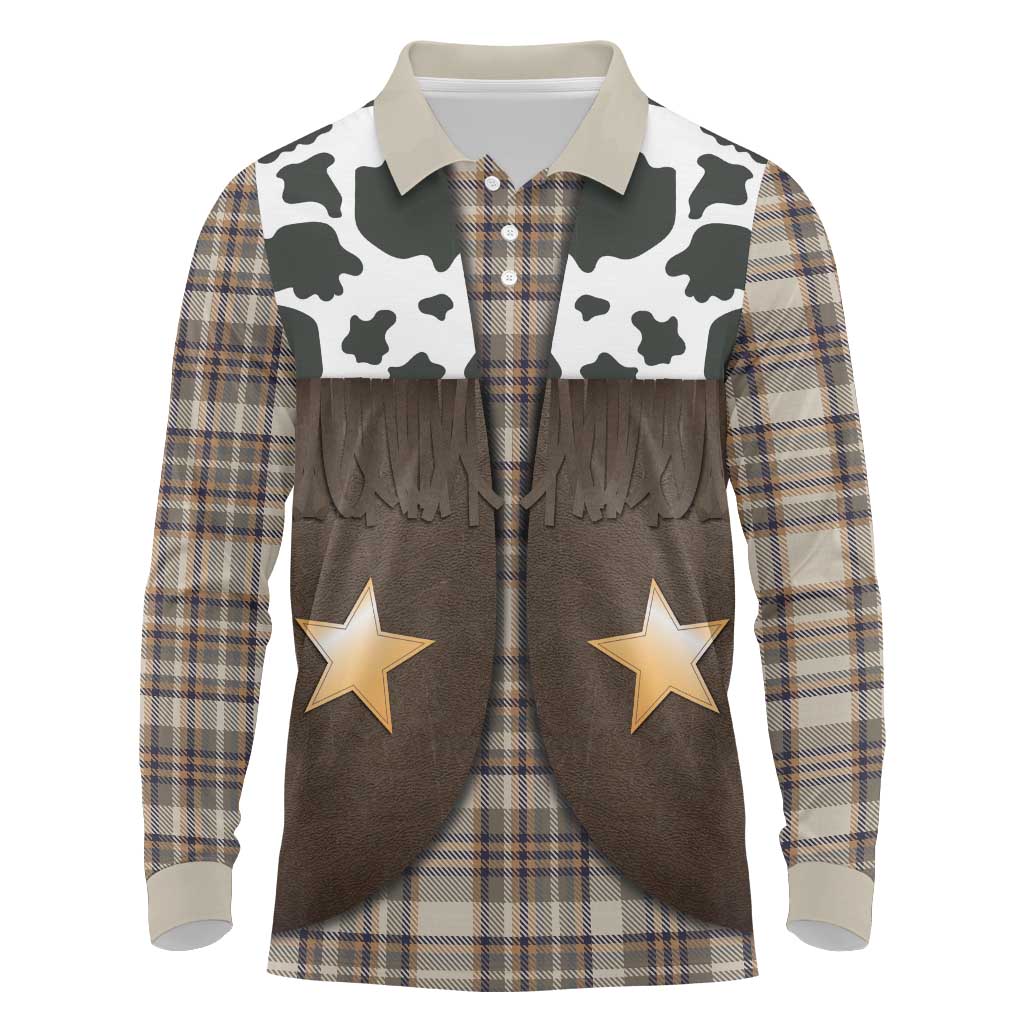 Cowboy Vest Costume Long Sleeve Polo Shirt Brown Beige Plaid Pattern - Wonder Print Shop
