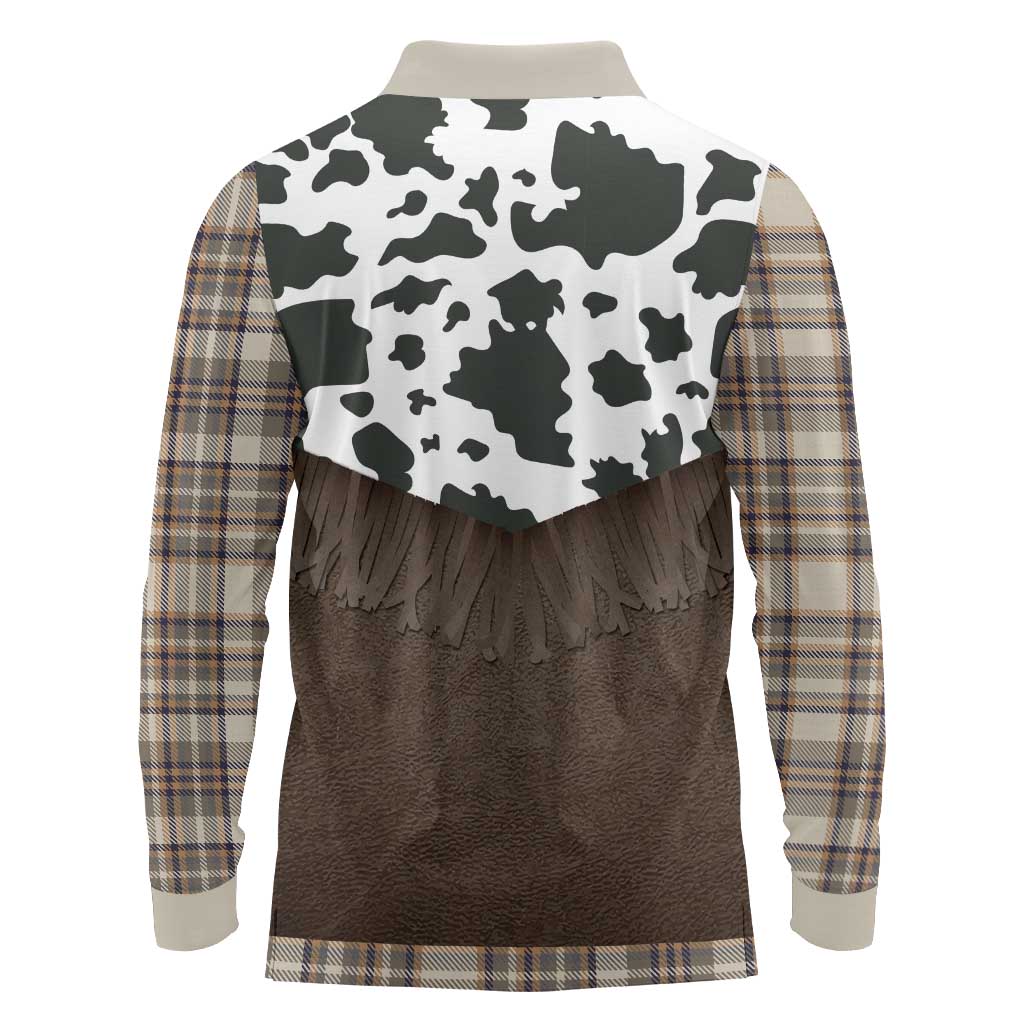 Cowboy Vest Costume Long Sleeve Polo Shirt Brown Beige Plaid Pattern - Wonder Print Shop
